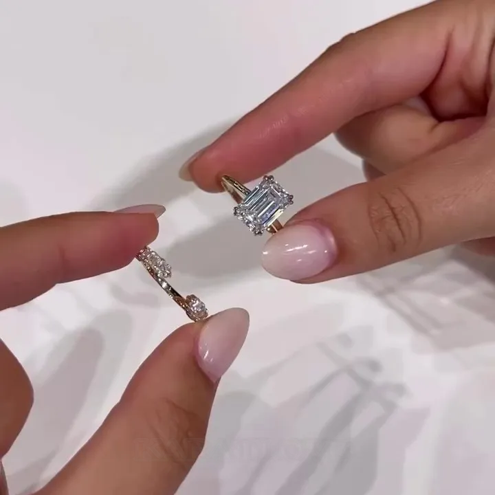 Emerald Cut Diamond White 925 Sterling Silver Yellow Gold Solitaire Ring Set