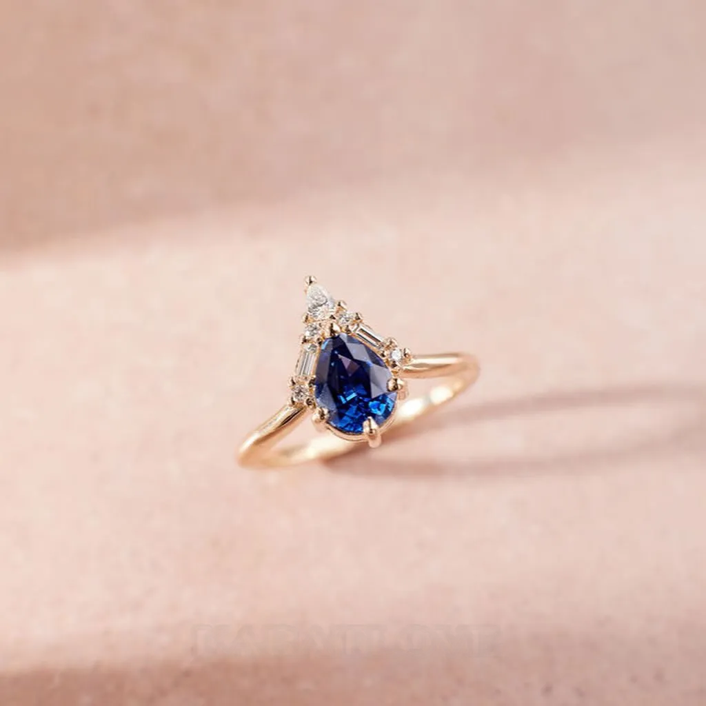 Pear Cut Sapphire Blue 925 Sterling Silver Yellow Gold Art Deco Ring Set