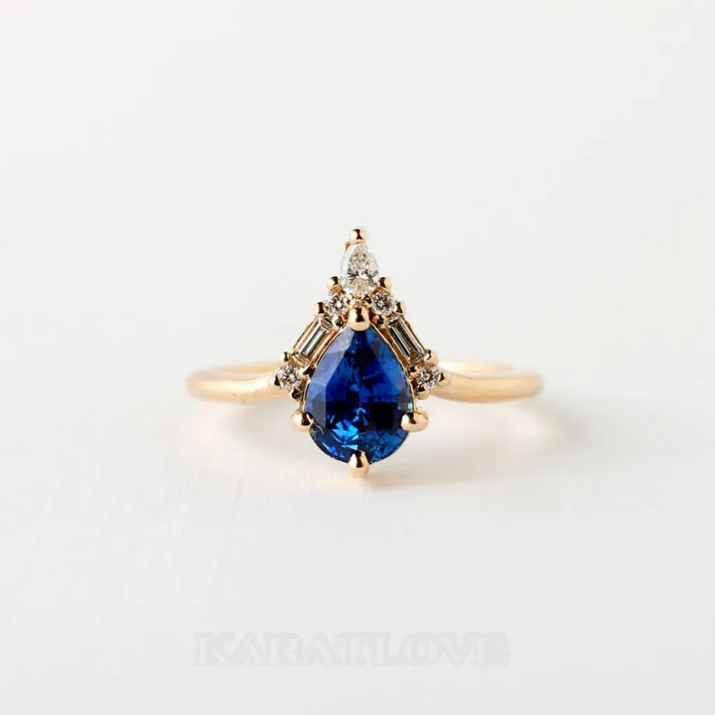 Pear Cut Sapphire Blue 925 Sterling Silver Yellow Gold Art Deco Ring Set