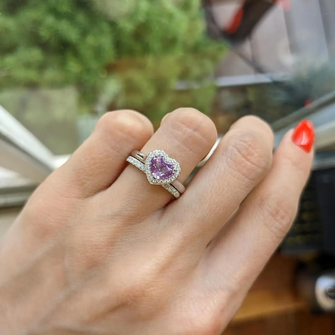 Heart Cut Amethyst Purple 925 Sterling Silver Halo Ring Set