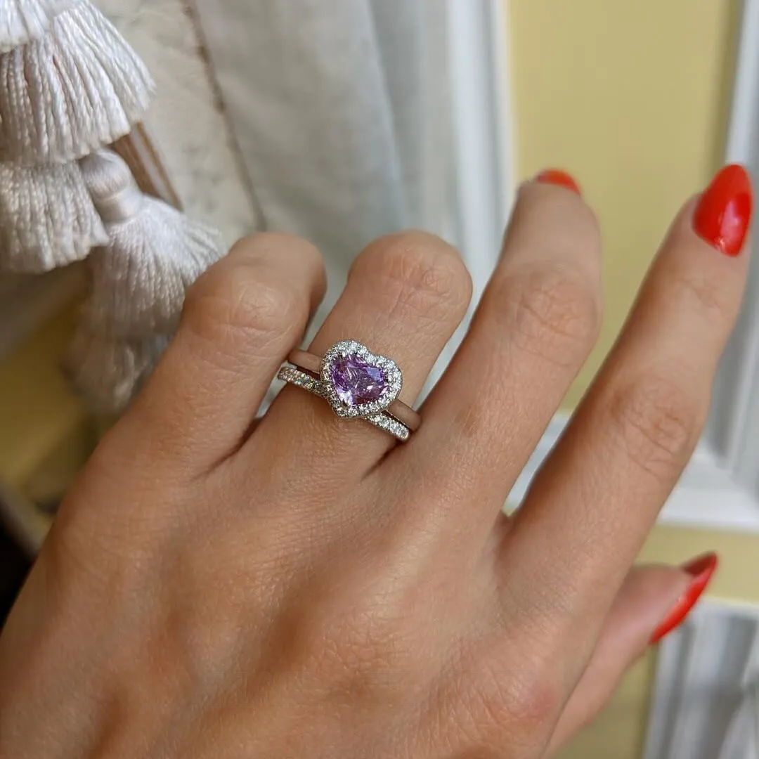 Heart Cut Amethyst Purple 925 Sterling Silver Halo Ring Set