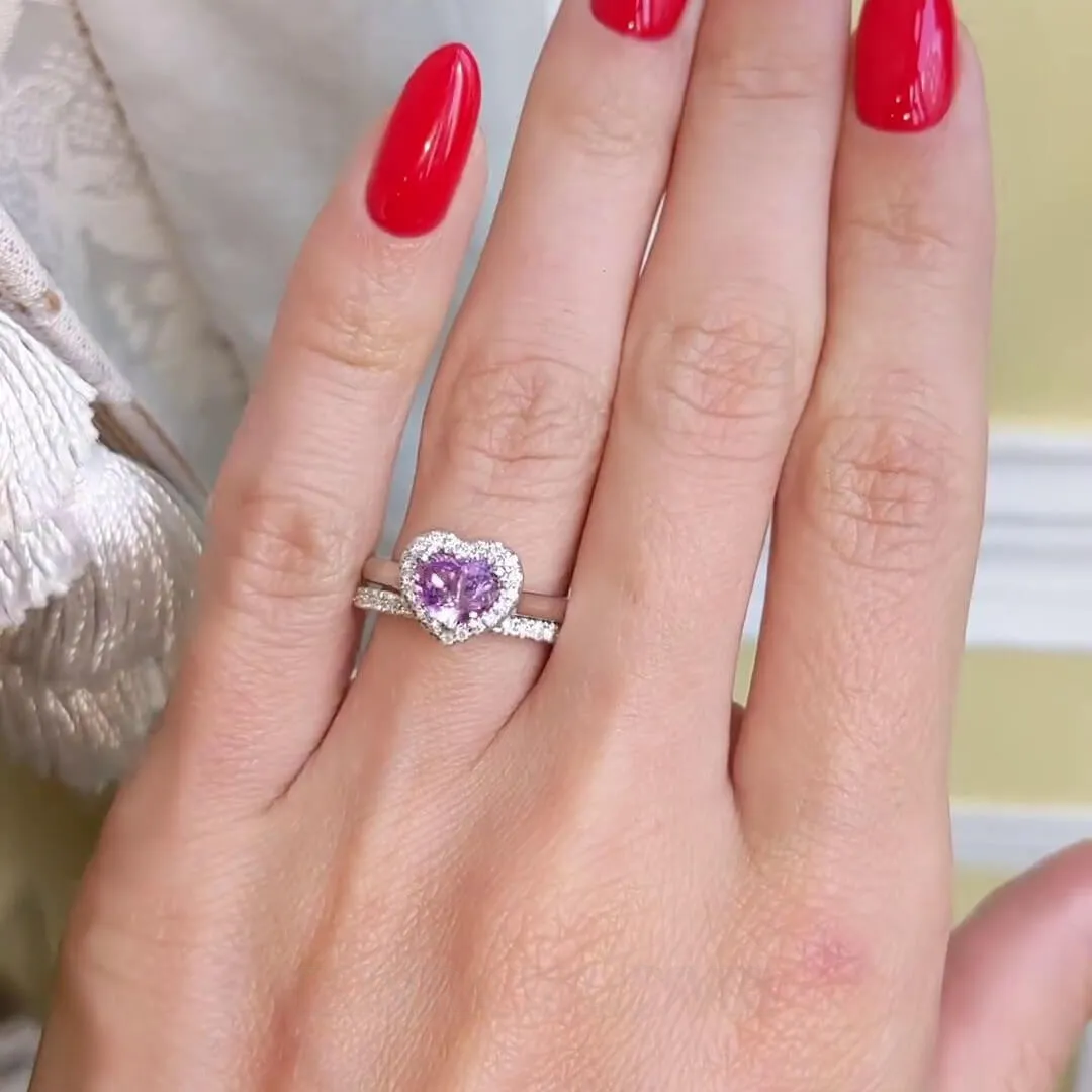 Heart Cut Amethyst Purple 925 Sterling Silver Halo Ring Set