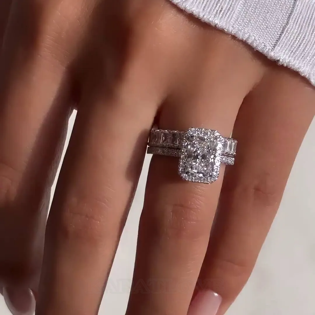 Radiant Diamond White Sterling Silver Halo Ring Set