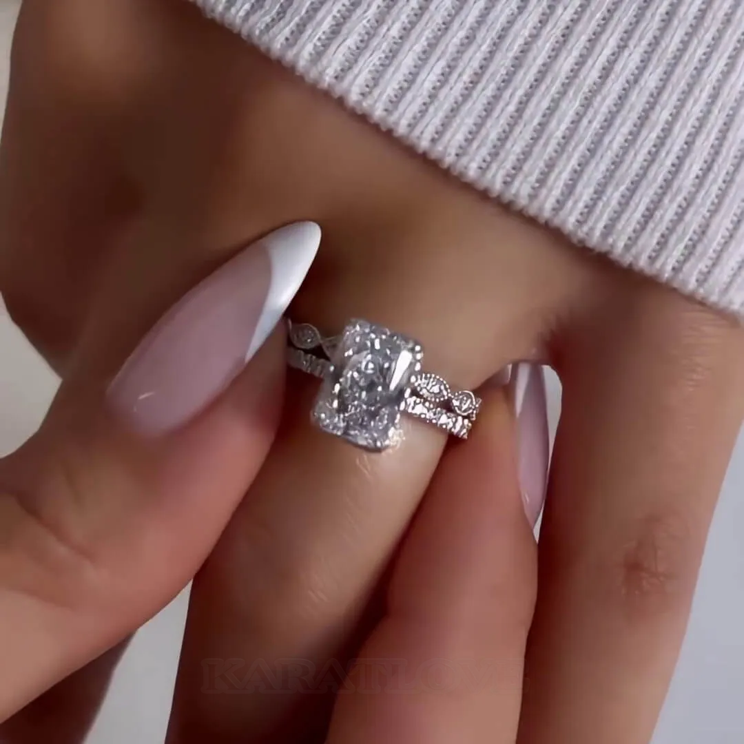 Radiant Diamond White Sterling Silver Halo Ring Set