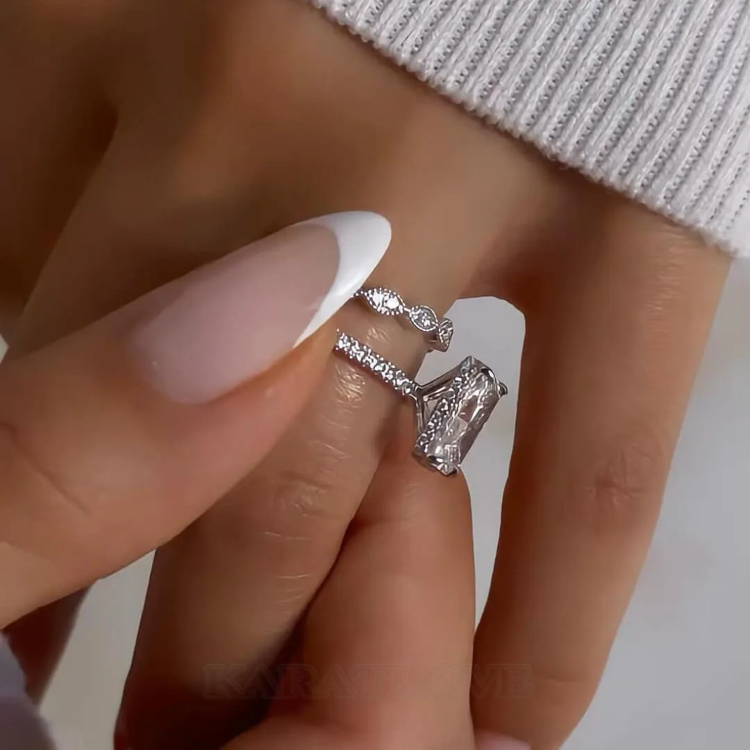 Radiant Diamond White Sterling Silver Halo Ring Set
