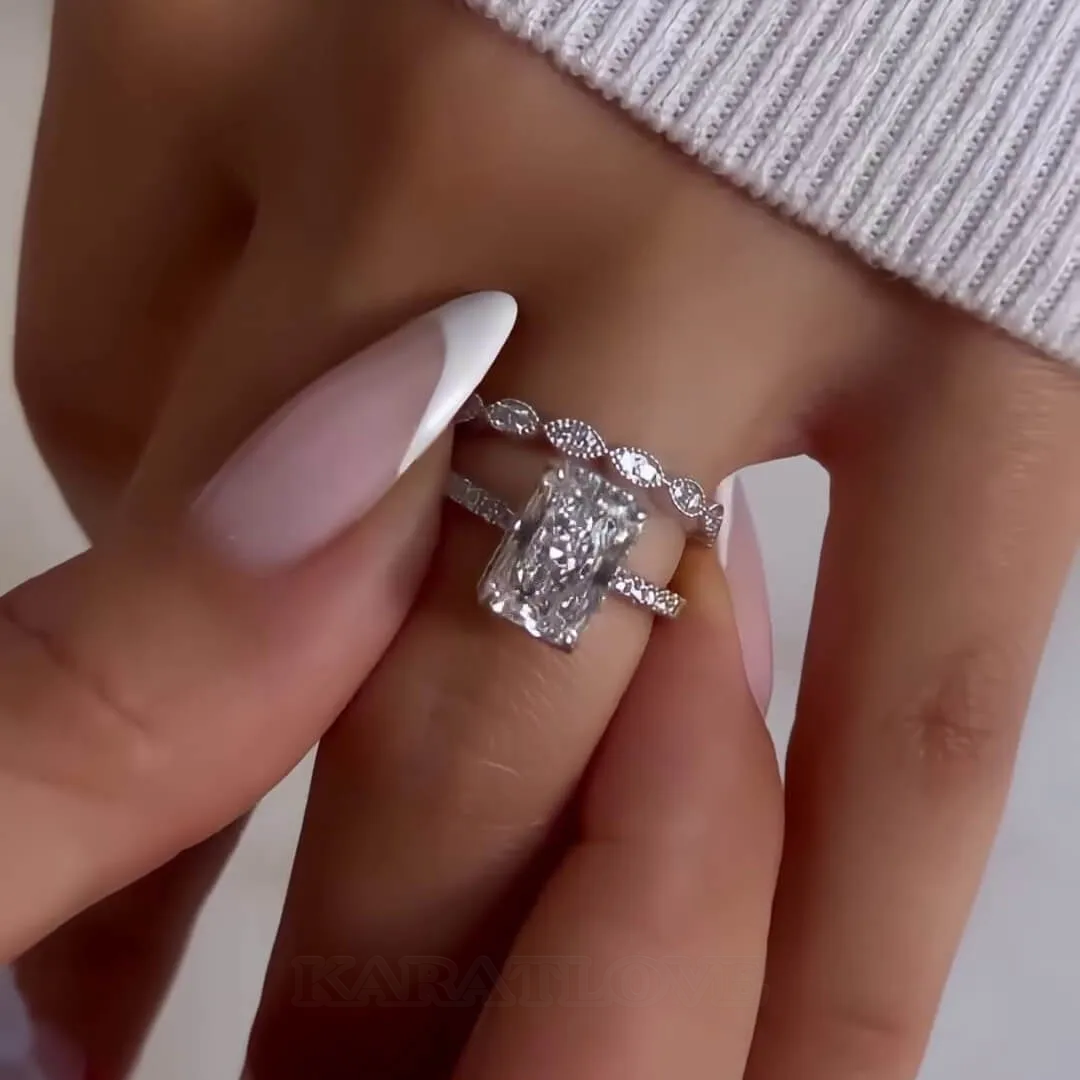 Radiant Diamond White Sterling Silver Halo Ring Set