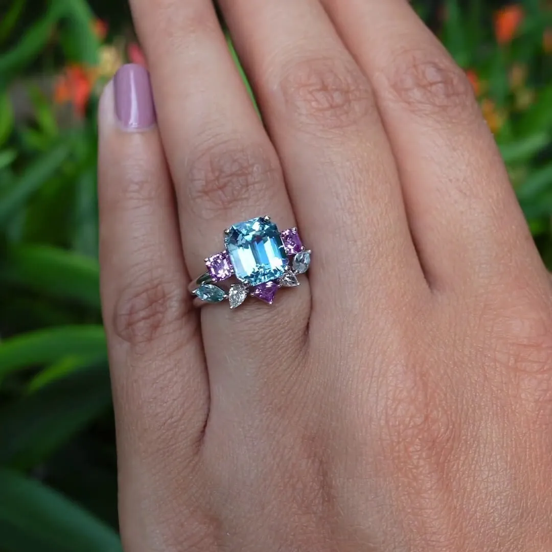 Emerald Cut Aquamarine Sterling Silver 3-Stone Ring Set Emerald Cut Aquamarine Sterling Silver 3-Stone Ring Set