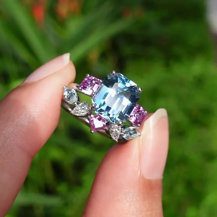 Emerald Cut Aquamarine Sterling Silver 3-Stone Ring Set