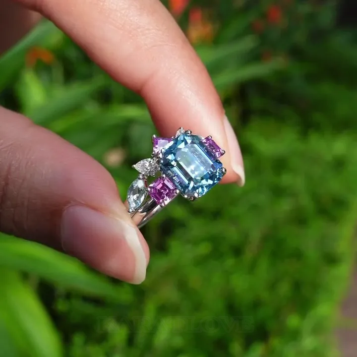 Emerald Cut Aquamarine Sterling Silver 3-Stone Ring Set