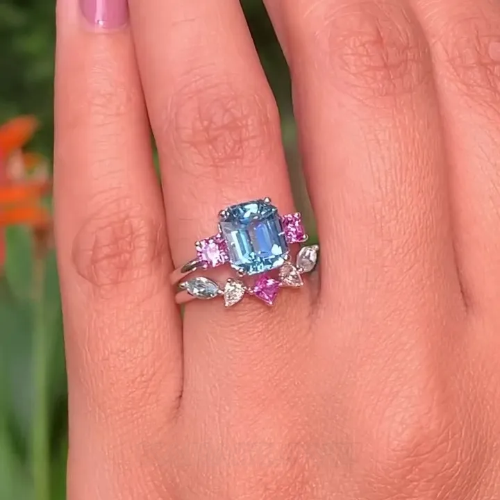 Emerald Cut Aquamarine Sterling Silver 3-Stone Ring Set