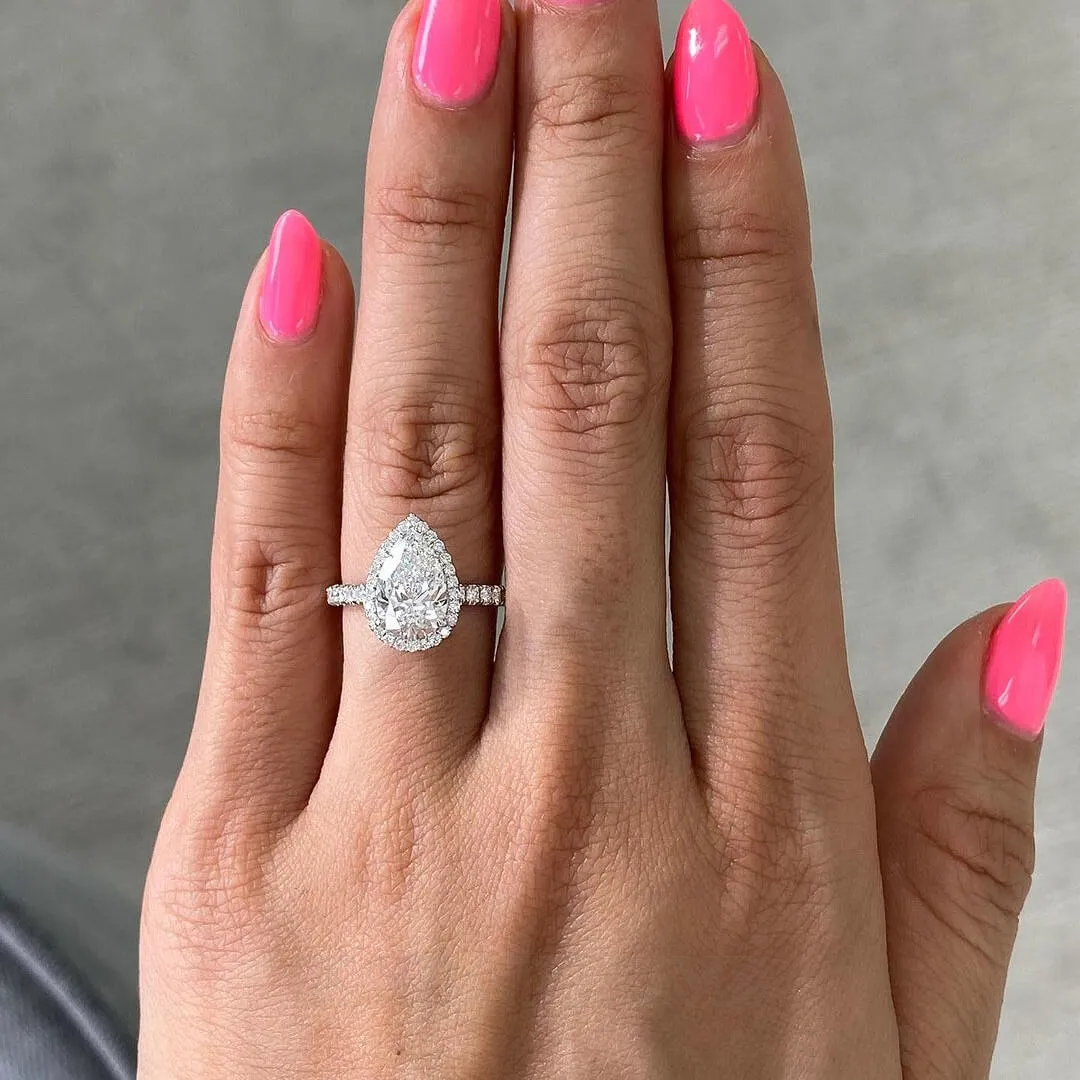 Pear Cut Diamond White Sterling Silver Halo Ring Set
