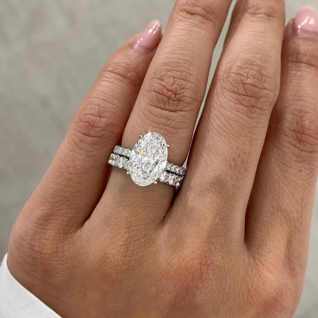 Oval Cut Diamond White Sterling Silver Hidden Halo Ring Set Oval Cut Diamond White Sterling Silver Hidden Halo Ring Set