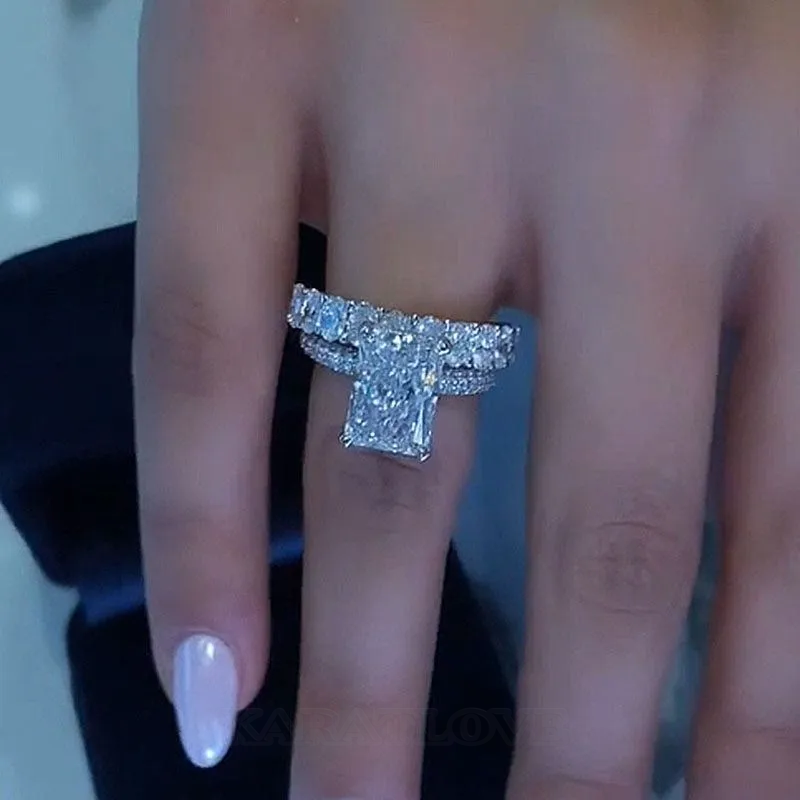 Radiant Cut Diamond White Sterling Silver Ring Set Radiant Cut Diamond White Sterling Silver Ring Set