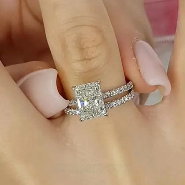 Radiant Cut Diamond White Sterling Silver Halo Ring Set Radiant Cut Diamond White Sterling Silver Halo Ring Set