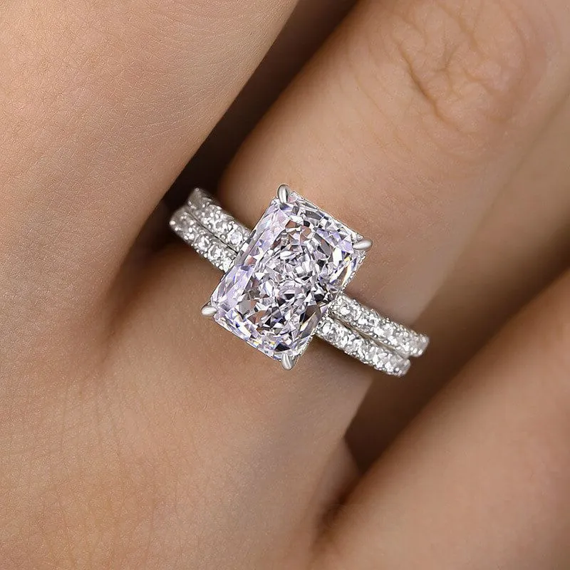 Radiant Cut Diamond White Sterling Silver Halo Ring Set