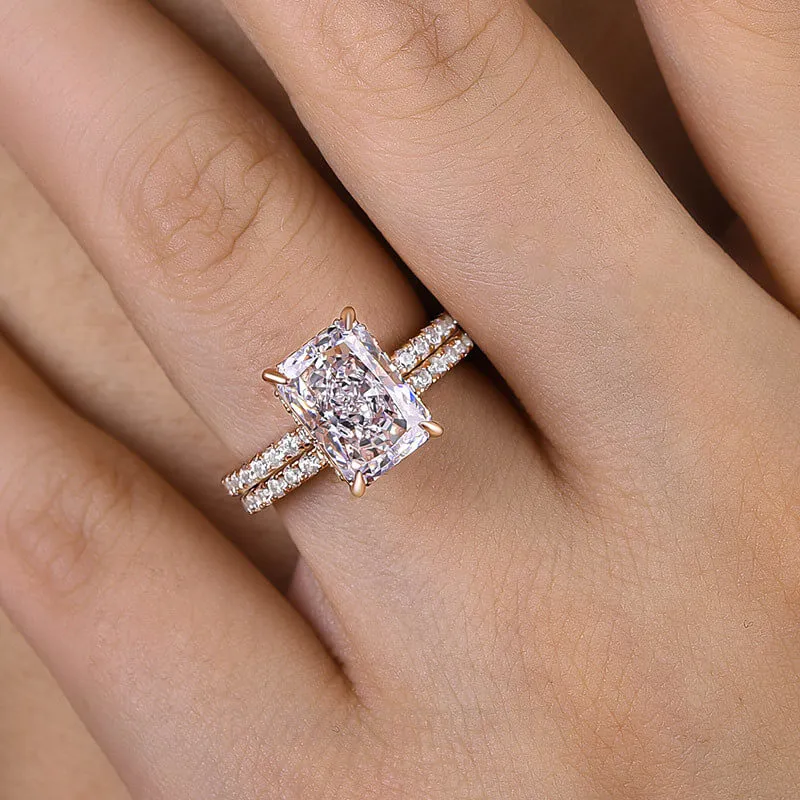 Radiant Cut Diamond White Sterling Silver Halo Ring Set