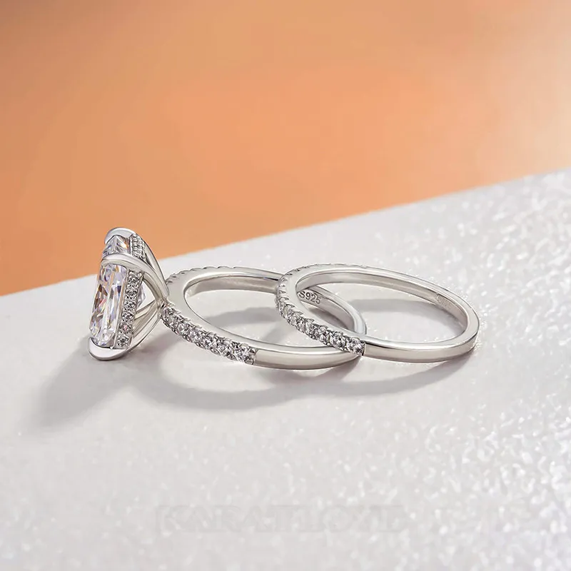 Radiant Cut Diamond White Sterling Silver Halo Ring Set