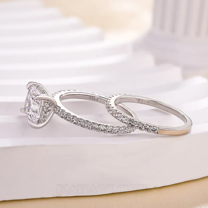 Princess Cut Diamond White Sterling Silver Halo Ring Set