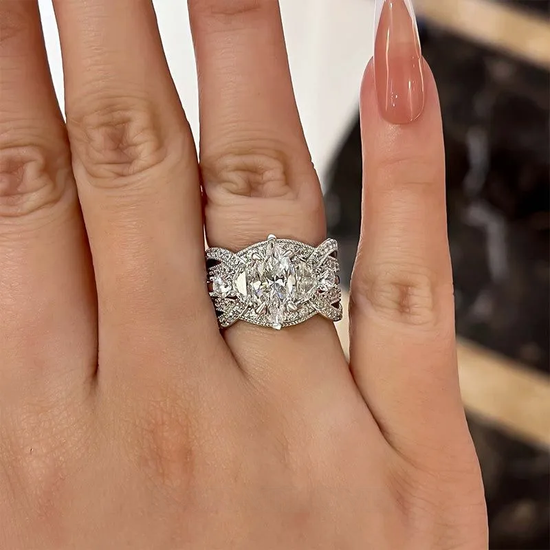 Marquise Cut Diamond White Sterling Silver 3-Stone Ring Set