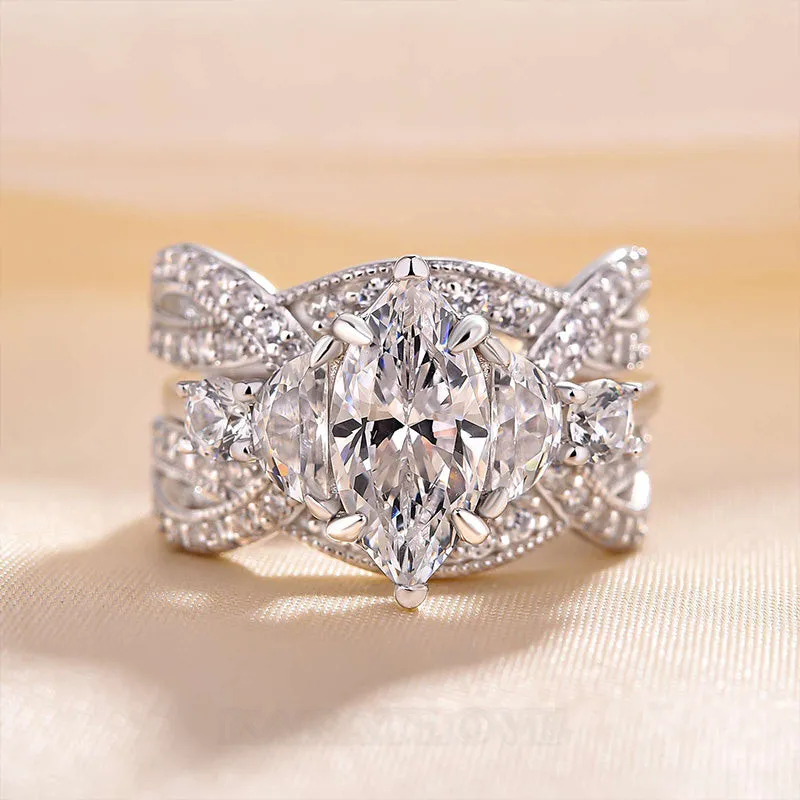 Marquise Cut Diamond White Sterling Silver 3-Stone Ring Set