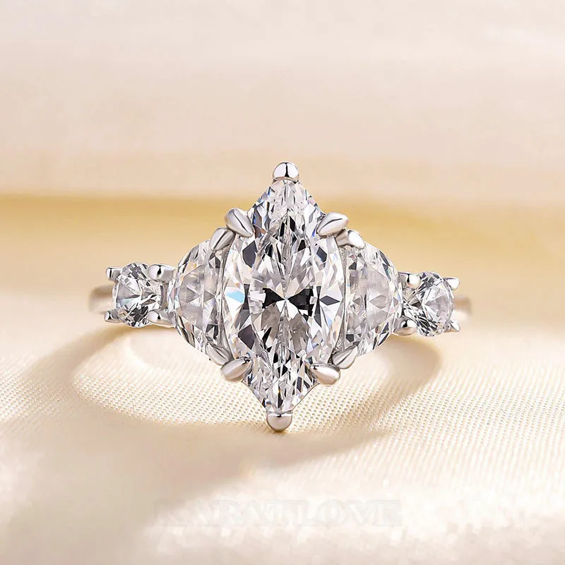 Marquise Cut Diamond White Sterling Silver 3-Stone Ring Set