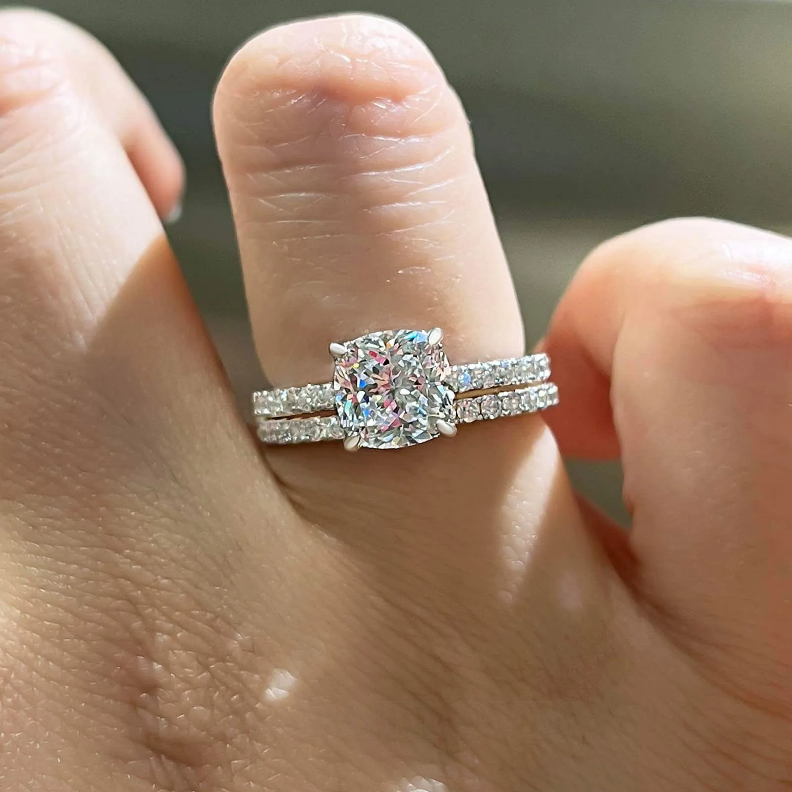 Cushion Cut Diamond White Sterling Silver Halo Ring Set Cushion Cut Diamond White Sterling Silver Halo Ring Set