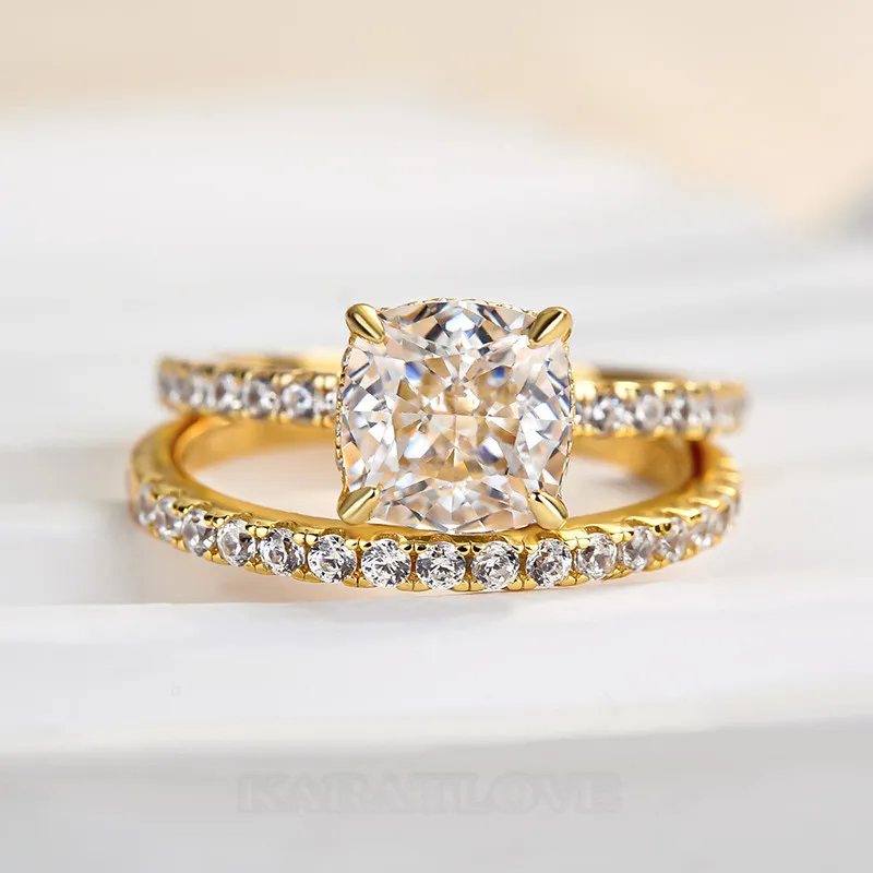 Cushion Cut Diamond White Sterling Silver Halo Ring Set