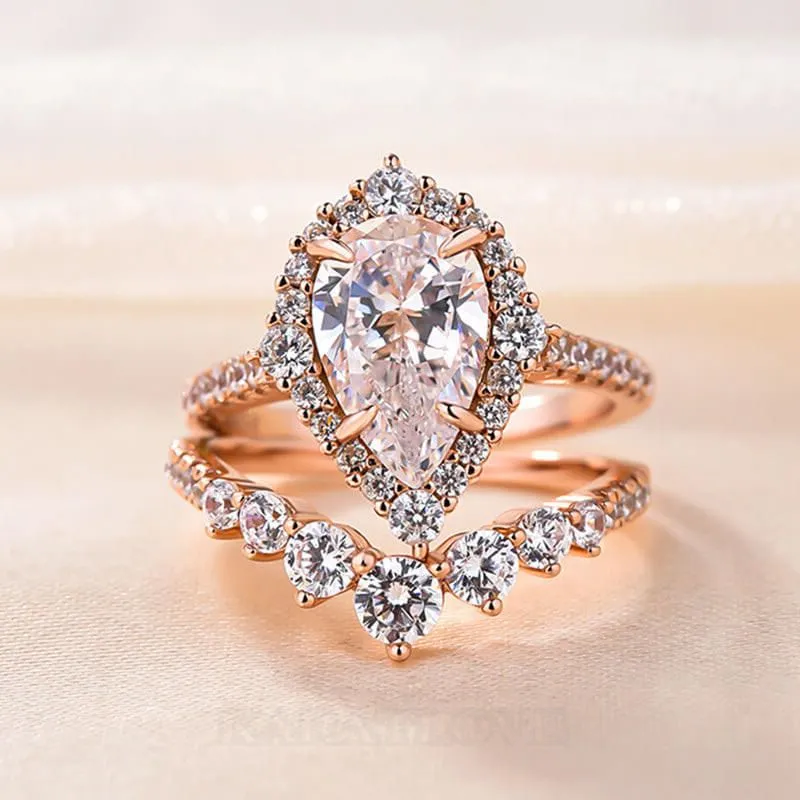 Pear Cut Diamond White Sterling Silver Halo Ring Set Pear Cut Diamond White Sterling Silver Halo Ring Set