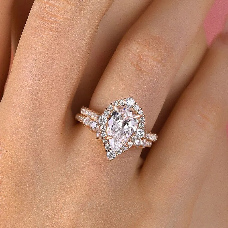 Pear Cut Diamond White Sterling Silver Halo Ring Set