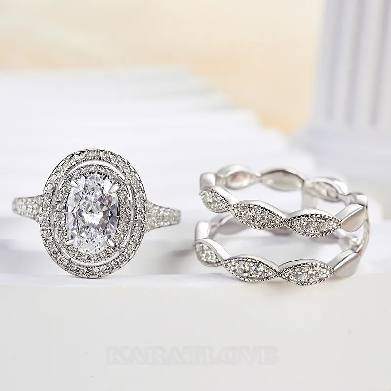 Oval Cut Diamond White Sterling Silver Double Halo Ring Set
