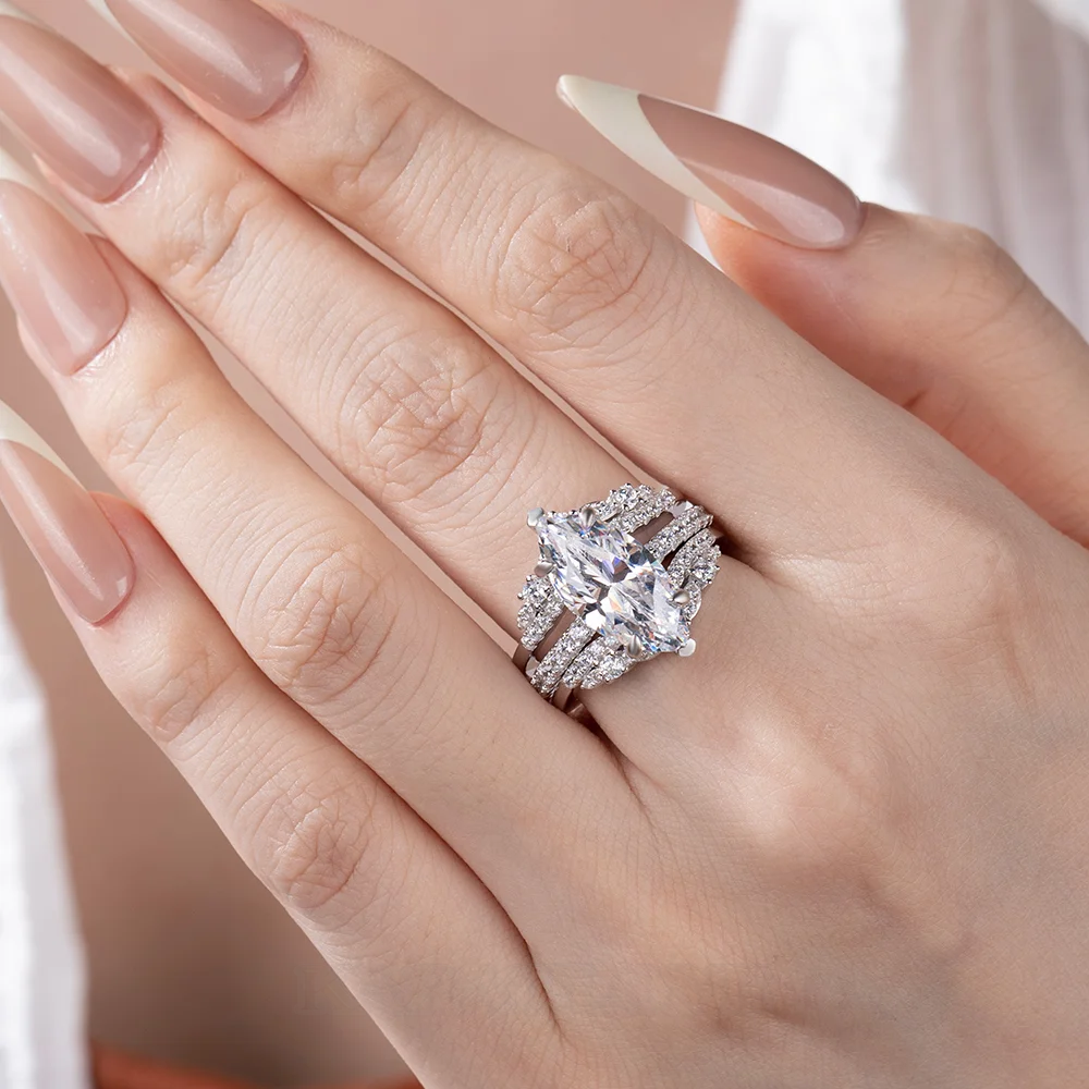 Marquise Cut Diamond White Sterling Silver Ring Set