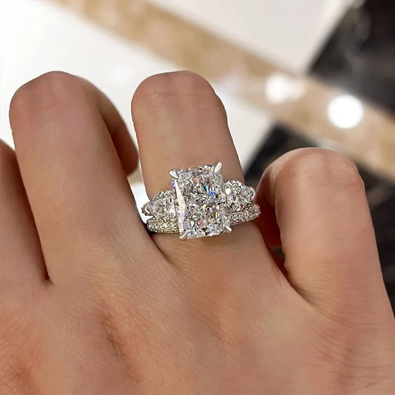 Radiant Cut Diamond White Sterling Silver 3-Stone Ring Set