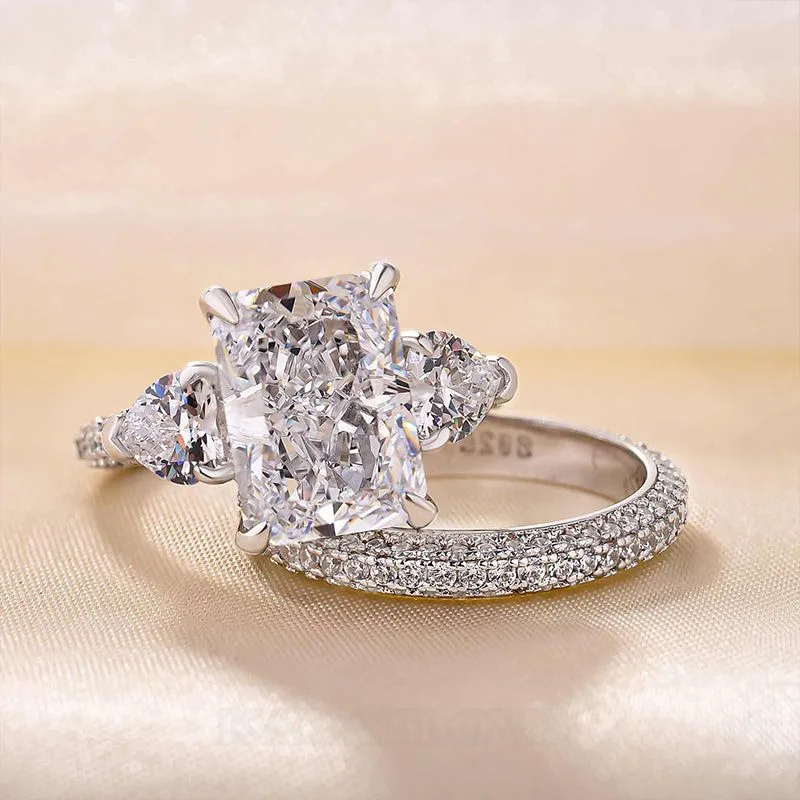 Radiant Cut Diamond White Sterling Silver 3-Stone Ring Set