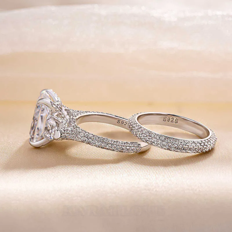 Radiant Cut Diamond White Sterling Silver 3-Stone Ring Set