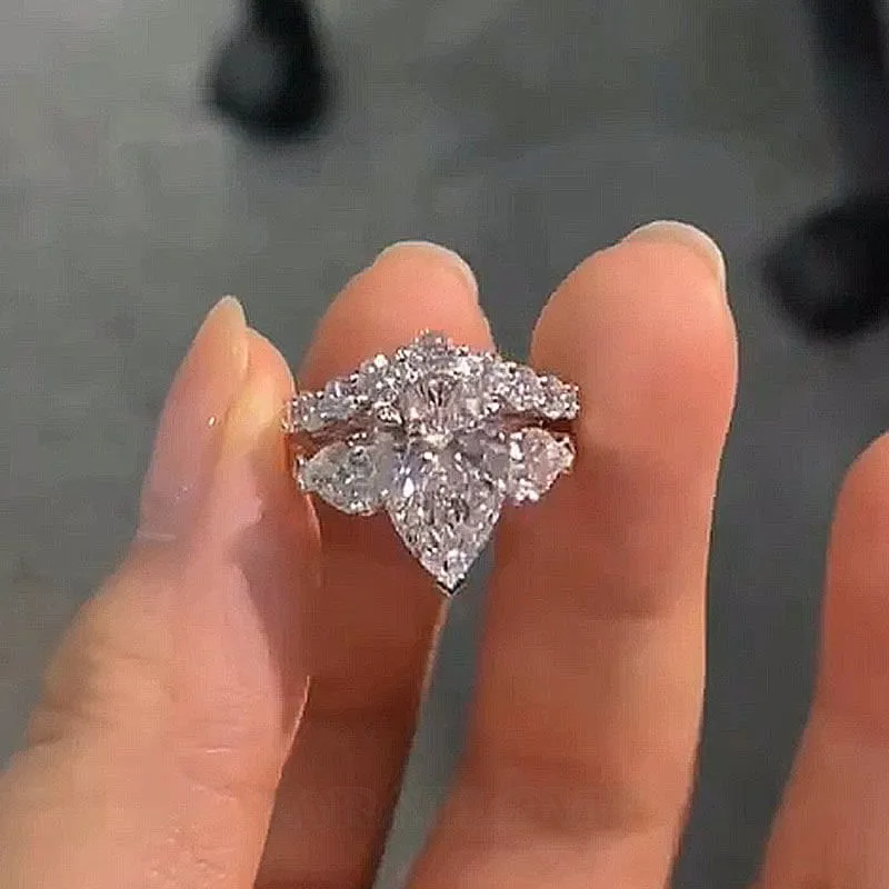 Pear Cut Diamond White Sterling Silver 3-Stone Ring Set Pear Cut Diamond White Sterling Silver 3-Stone Ring Set