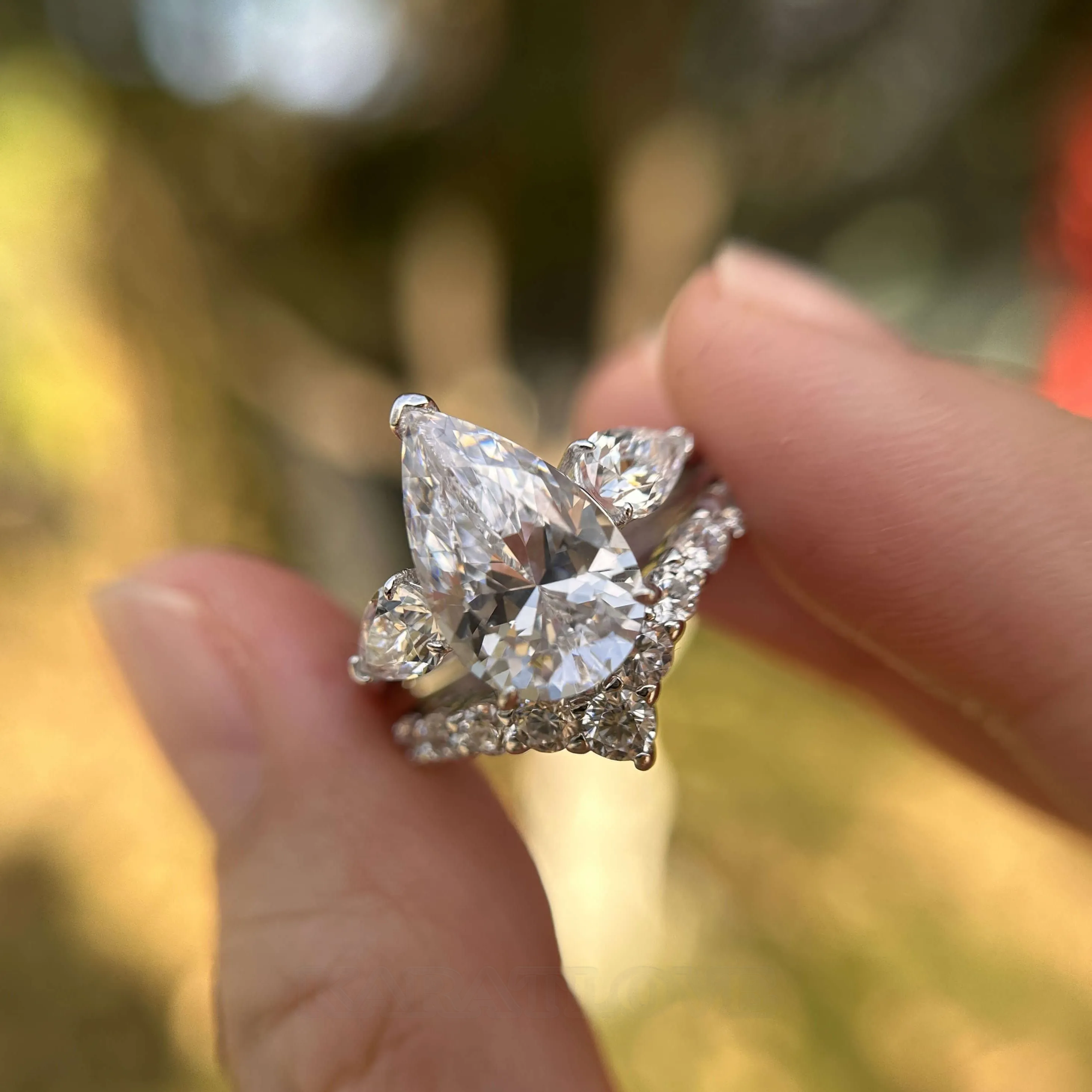 Pear Cut Diamond White Sterling Silver 3-Stone Ring Set