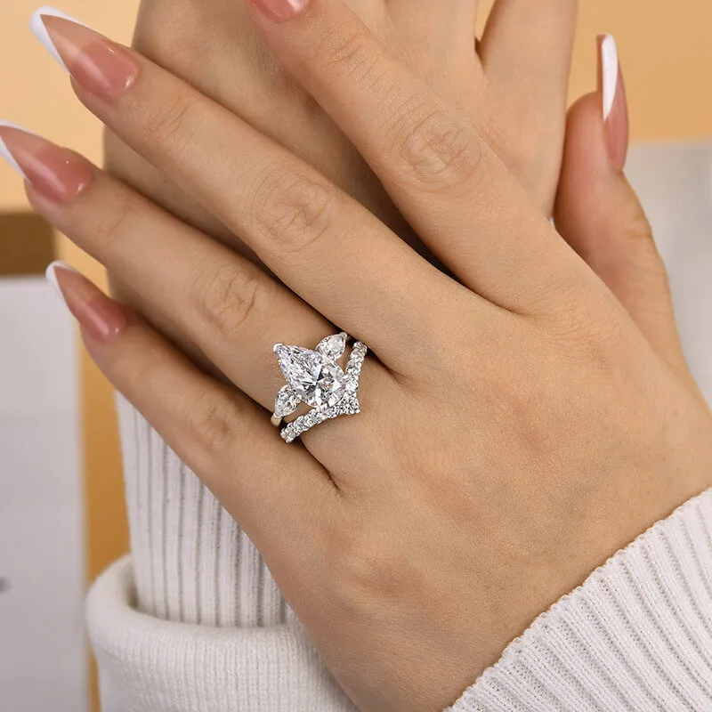 Pear Cut Diamond White Sterling Silver 3-Stone Ring Set