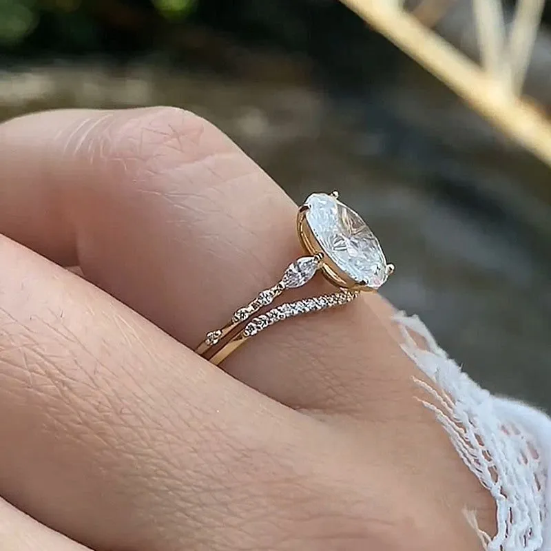 Oval Cut Diamond White Sterling Silver Yellow Gold 3-Stone Ring Set