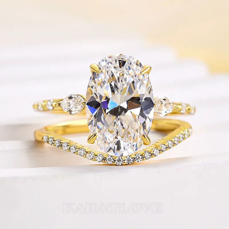 Oval Cut Diamond White Sterling Silver Yellow Gold 3-Stone Ring Set