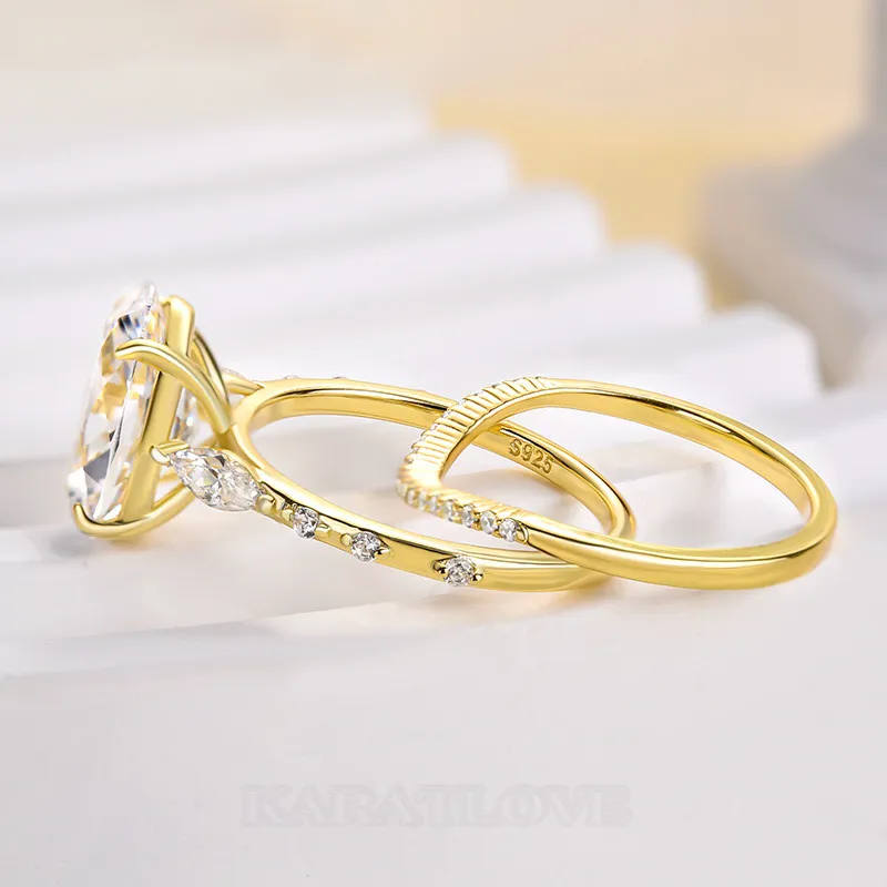Oval Cut Diamond White Sterling Silver Yellow Gold 3-Stone Ring Set