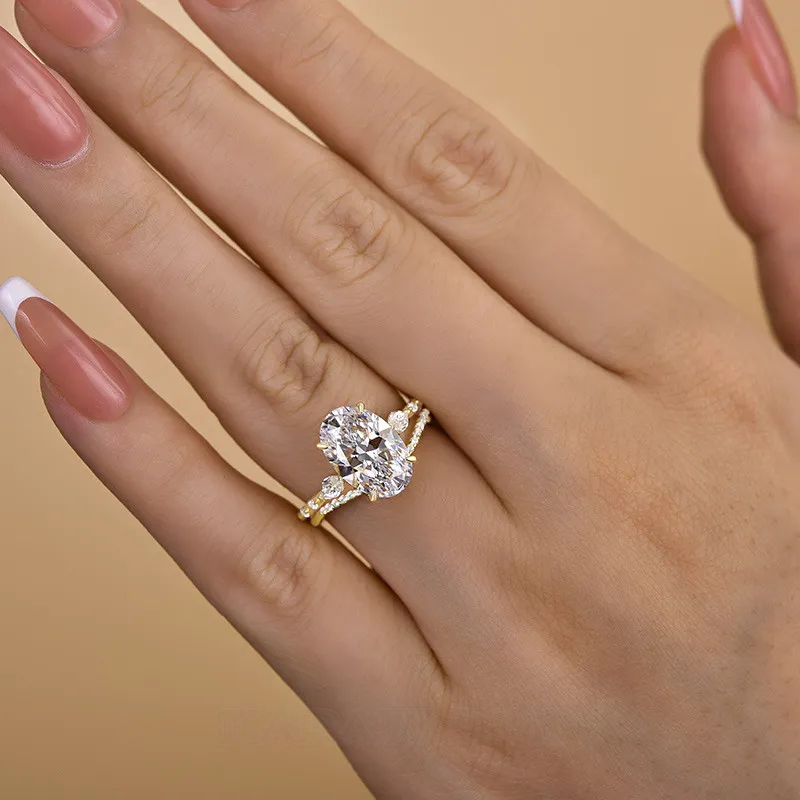 Oval Cut Diamond White Sterling Silver Yellow Gold 3-Stone Ring Set