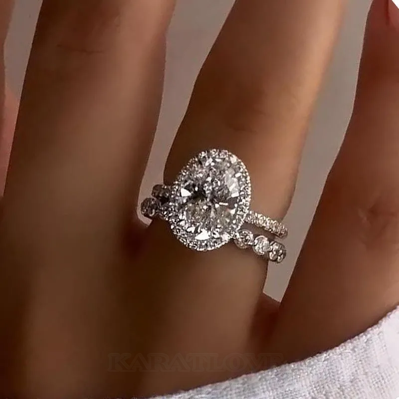 Oval Cut Diamond White Sterling Silver Halo Ring Set