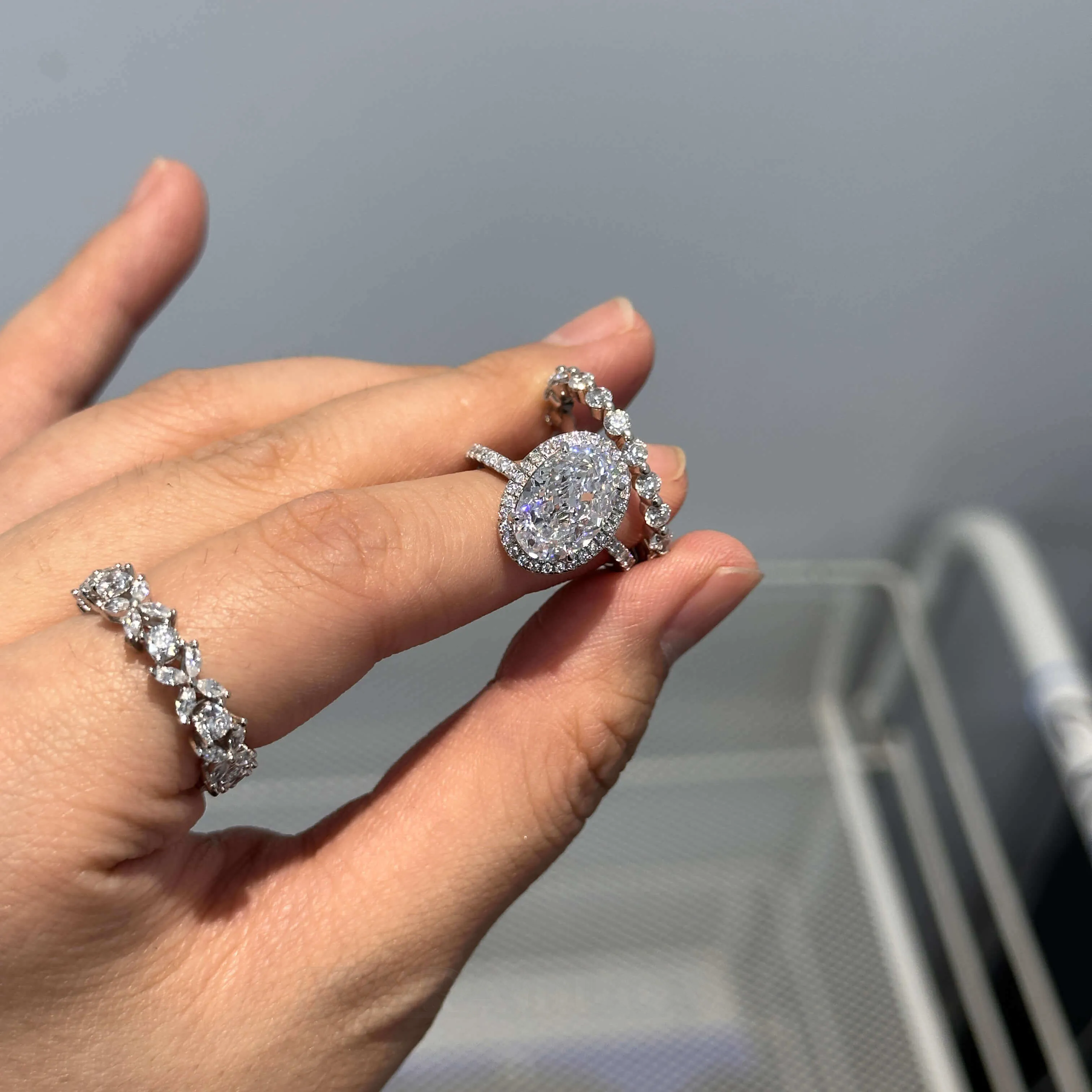 Oval Cut Diamond White Sterling Silver Halo Ring Set