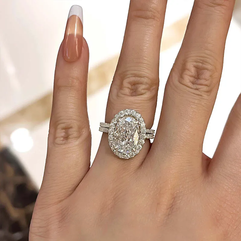 Oval Cut Diamond White Sterling Silver Halo Ring Set
