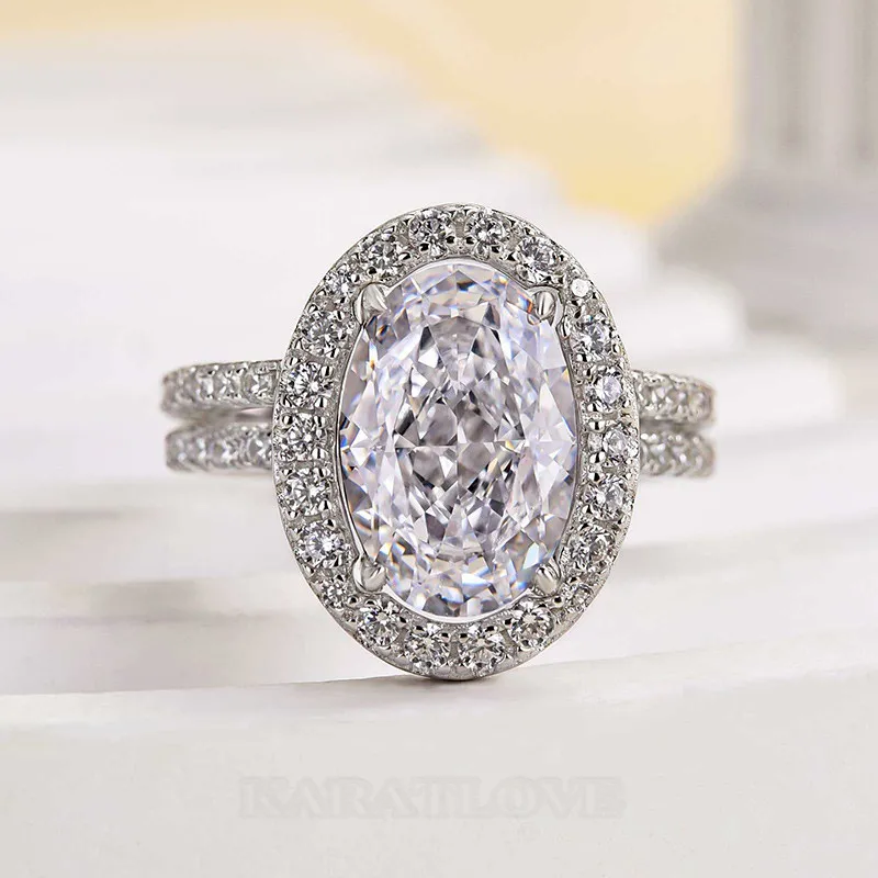 Oval Cut Diamond White Sterling Silver Halo Ring Set