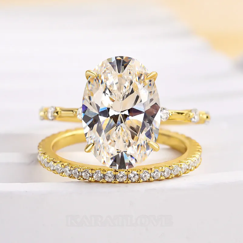 Oval Cut Diamond White Sterling Silver Yellow Gold Ring Set
