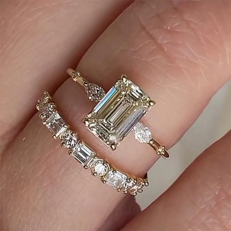 Emerald Cut Diamond White Sterling Silver Yellow Gold 3-Stone Ring Set