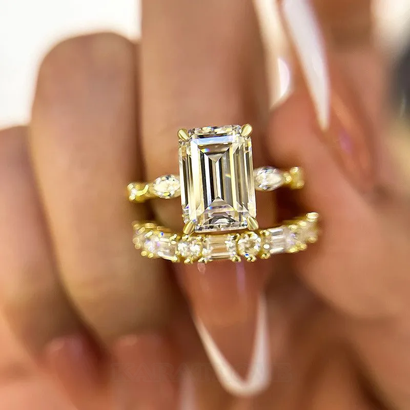 Emerald Cut Diamond White Sterling Silver Yellow Gold 3-Stone Ring Set
