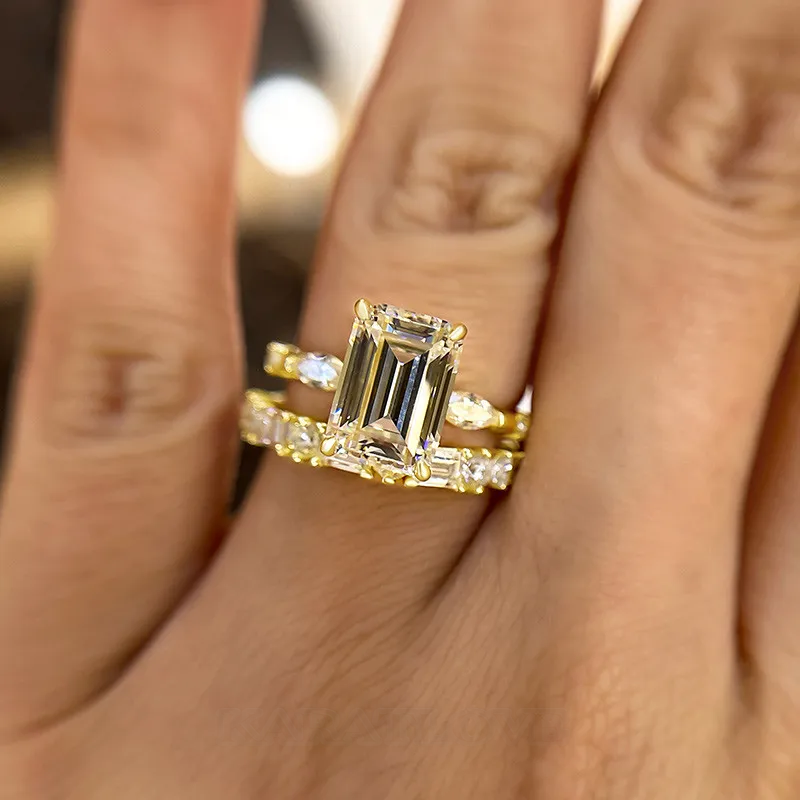Emerald Cut Diamond White Sterling Silver Yellow Gold 3-Stone Ring Set