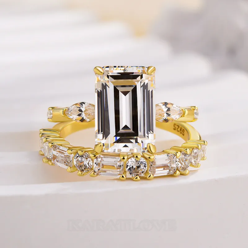 Emerald Cut Diamond White Sterling Silver Yellow Gold 3-Stone Ring Set